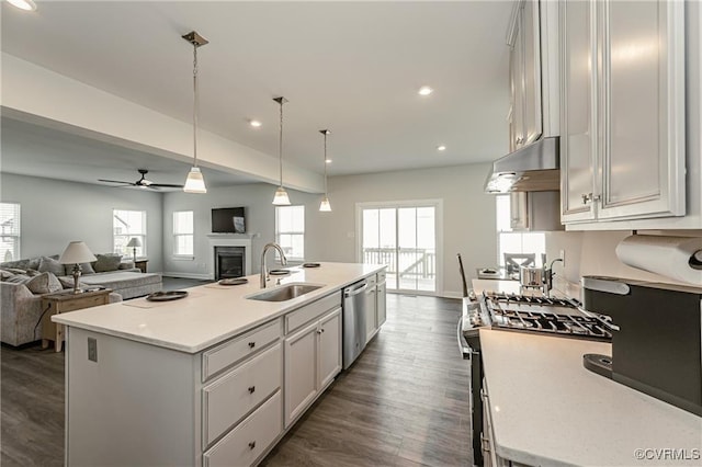 18160 Sagamore Dr, Chesterfield, VA 23120 - kitchen featuring under cabinet range hood, a sink, appliances with stainless steel finishes, ceiling fan, and plenty of natural light