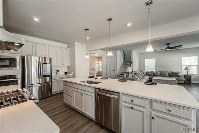 18160 Sagamore Dr, Chesterfield, VA 23120 - kitchen with appliances with stainless steel finishes, a sink, dark wood-type flooring, ceiling fan, and open floor plan