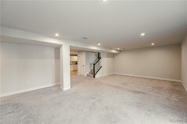 18160 Sagamore Dr, Chesterfield, VA 23120 - finished basement with stairs, light colored carpet, recessed lighting, and baseboards