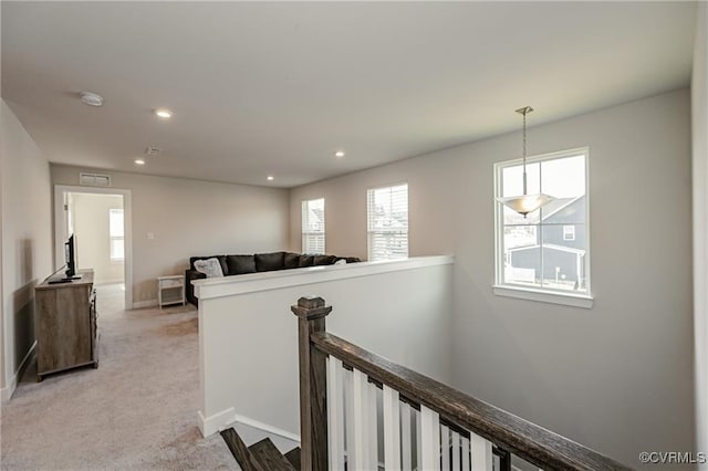 18160 Sagamore Dr, Chesterfield, VA 23120 - hall with an upstairs landing, light colored carpet, recessed lighting, and baseboards