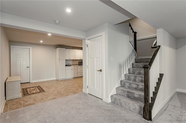 18160 Sagamore Dr, Chesterfield, VA 23120 - basement with stairs, baseboards, recessed lighting, light carpet, and light tile patterned floors