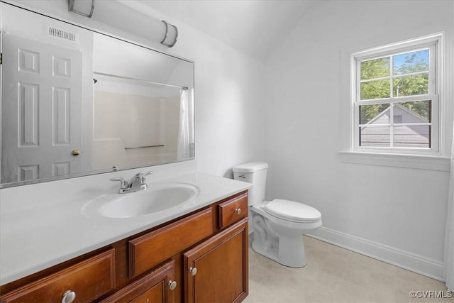 full bath with vanity, toilet, baseboards, curtained shower, and tile patterned floors
