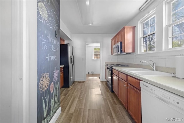 kitchen with appliances with stainless steel finishes, a sink, healthy amount of natural light, and light wood-type flooring