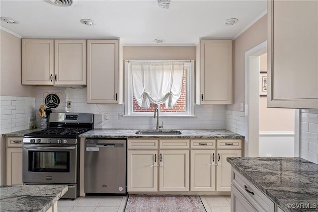 4719 W Grace St, Richmond, VA 23230 - kitchen with appliances with stainless steel finishes, a sink, cream cabinets, crown molding, and backsplash