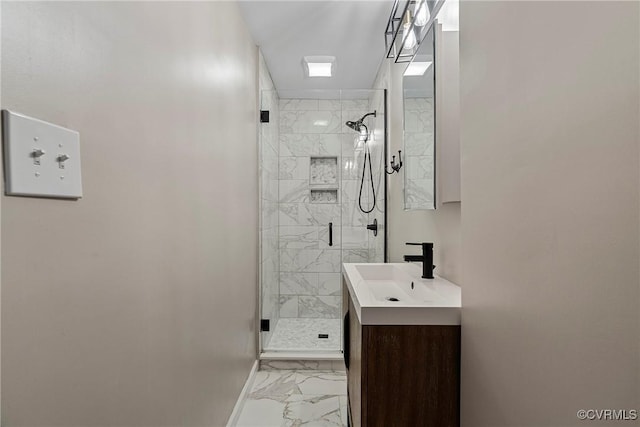 4719 W Grace St, Richmond, VA 23230 - full bathroom featuring marble finish floors, vanity, a shower stall, and baseboards