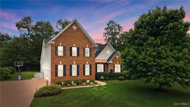 14109 Rigney Dr, Midlothian, VA 23113 - view of front of property featuring a garage, concrete driveway, a yard, and brick siding