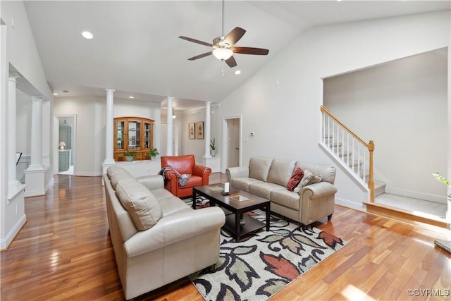 14109 Rigney Dr, Midlothian, VA 23113 - living area with ornate columns, ceiling fan, wood finished floors, stairs, and recessed lighting