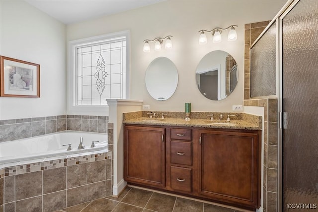 14109 Rigney Dr, Midlothian, VA 23113 - bathroom featuring a garden tub, tile patterned floors, double vanity, and a stall shower