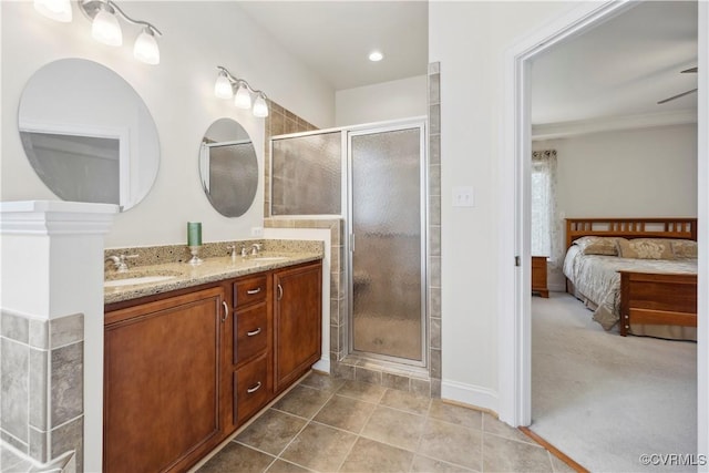 14109 Rigney Dr, Midlothian, VA 23113 - bathroom featuring double vanity, a shower stall, ensuite bathroom, tile patterned floors, and recessed lighting