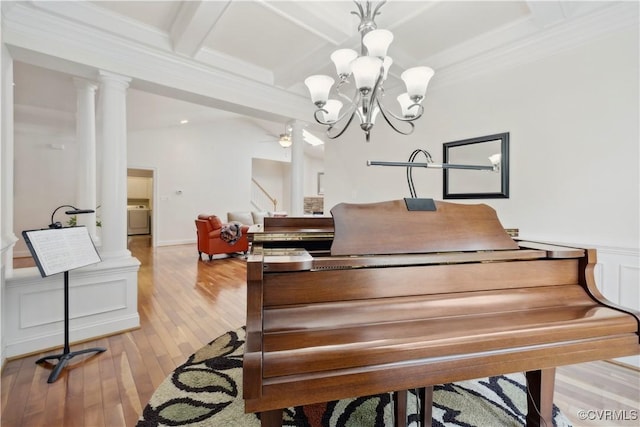 14109 Rigney Dr, Midlothian, VA 23113 - sitting room featuring washer / dryer, wood finished floors, ornamental molding, coffered ceiling, and ornate columns