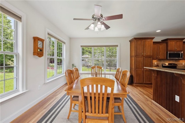 14109 Rigney Dr, Midlothian, VA 23113 - dining area featuring healthy amount of natural light, light wood-style flooring, baseboards, a ceiling fan, and recessed lighting