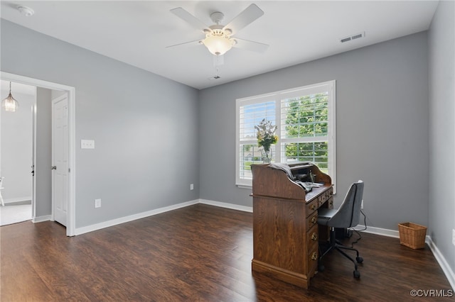 13524 Thomaswoods Ln, Ashland, VA 23005 - home office featuring dark wood-type flooring, a ceiling fan, and baseboards