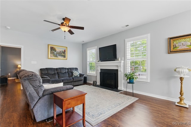 13524 Thomaswoods Ln, Ashland, VA 23005 - living area featuring ceiling fan, plenty of natural light, a fireplace with flush hearth, and dark wood finished floors