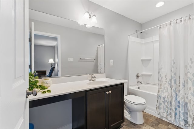 13524 Thomaswoods Ln, Ashland, VA 23005 - full bath with vanity, toilet, stone finish floors, and shower / bath combination with curtain