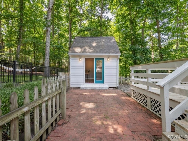 2004 Deer Meadow Ct, Chesterfield, VA 23112 - view of patio / terrace with an outbuilding and view of wooded area