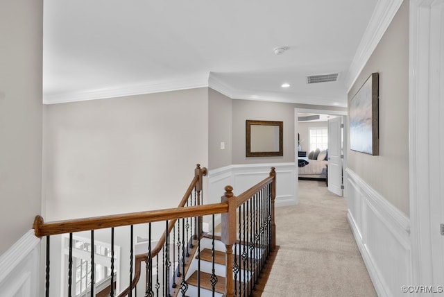 16300 Midnight Xing, Chesterfield, VA 23120 - hallway with crown molding, an upstairs landing, wainscoting, light carpet, and recessed lighting
