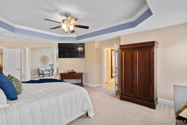 16300 Midnight Xing, Chesterfield, VA 23120 - bedroom with a tray ceiling, light carpet, crown molding, baseboards, and a ceiling fan