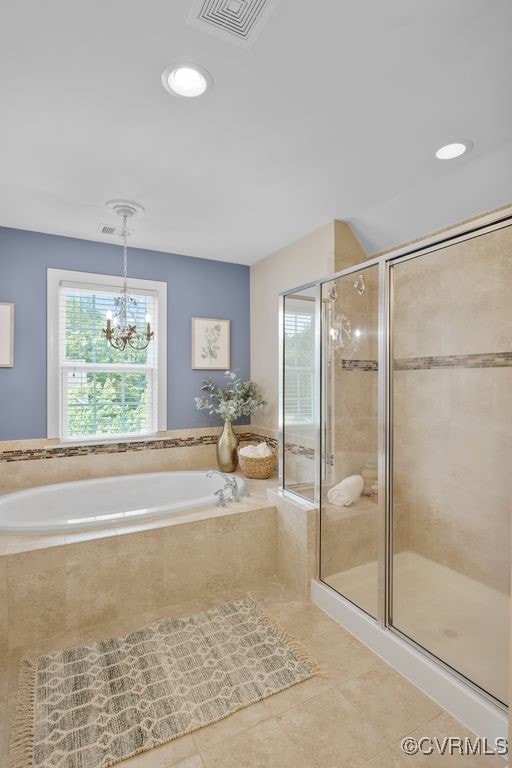 16300 Midnight Xing, Chesterfield, VA 23120 - full bath featuring tile patterned floors, a bath, a chandelier, a stall shower, and recessed lighting