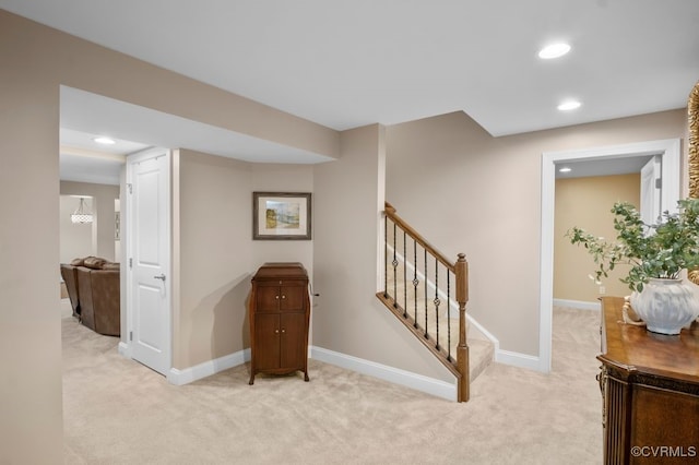 16300 Midnight Xing, Chesterfield, VA 23120 - hallway featuring light colored carpet, baseboards, recessed lighting, and stairs