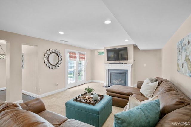 16300 Midnight Xing, Chesterfield, VA 23120 - living area with baseboards, light colored carpet, a glass covered fireplace, and recessed lighting