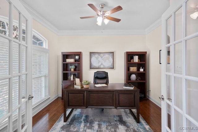 16300 Midnight Xing, Chesterfield, VA 23120 - office featuring french doors, a ceiling fan, dark wood-type flooring, crown molding, and baseboards