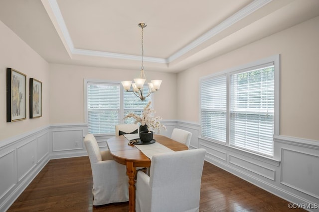 16300 Midnight Xing, Chesterfield, VA 23120 - dining space with a wainscoted wall, a chandelier, a tray ceiling, plenty of natural light, and dark wood finished floors