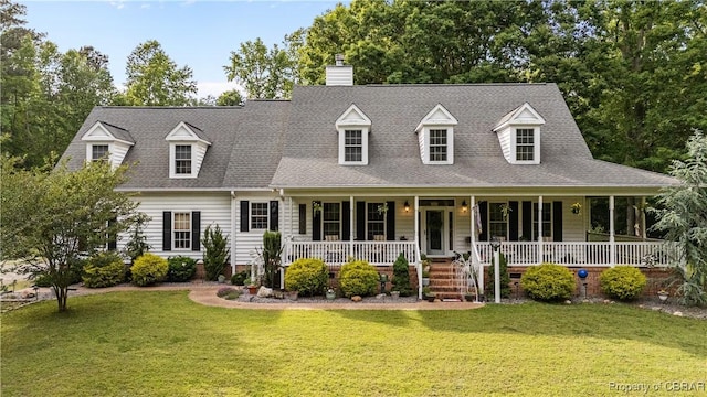 6304 Belroi Rd, Abingdon, VA 23061 - cape cod home with covered porch, a front yard, a chimney, and a shingled roof