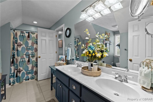 6304 Belroi Rd, Abingdon, VA 23061 - bathroom featuring toilet, tile patterned flooring, vaulted ceiling, double vanity, and a shower with shower curtain