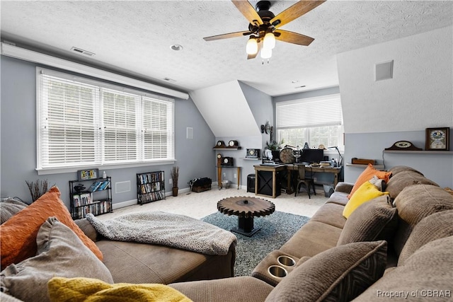 6304 Belroi Rd, Abingdon, VA 23061 - carpeted living area featuring an office area, a ceiling fan, a textured ceiling, baseboards, and vaulted ceiling