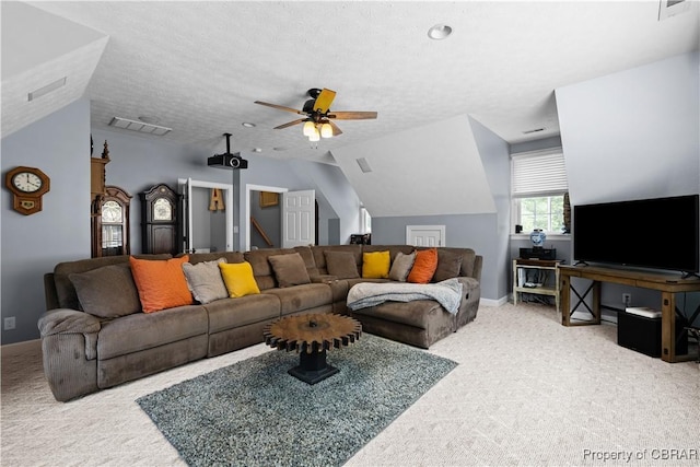 6304 Belroi Rd, Abingdon, VA 23061 - living room with carpet floors, ceiling fan, vaulted ceiling, baseboards, and a textured ceiling
