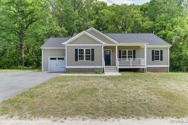 10907 New Town Rd, New Kent, VA 23124 - ranch-style home featuring covered porch, an attached garage, asphalt driveway, a front lawn, and a shingled roof