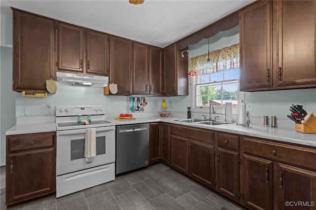 2721 Fawnwick Dr, Henrico, VA 23231 - kitchen with white electric range oven, stainless steel dishwasher, under cabinet range hood, a sink, and light countertops