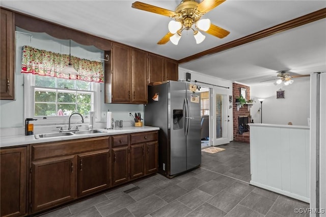 2721 Fawnwick Dr, Henrico, VA 23231 - kitchen with stainless steel fridge with ice dispenser, ceiling fan, a sink, light countertops, and pendant lighting
