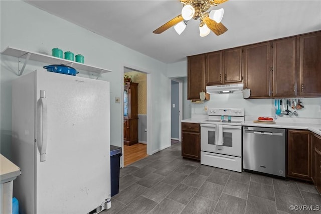 2721 Fawnwick Dr, Henrico, VA 23231 - kitchen featuring white appliances, under cabinet range hood, ceiling fan, and light countertops