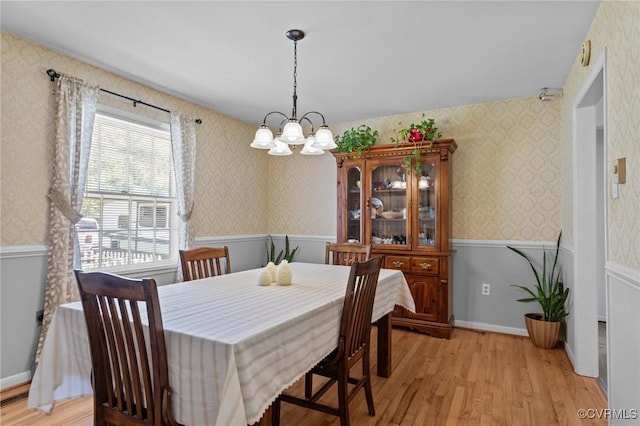 2721 Fawnwick Dr, Henrico, VA 23231 - dining space with wallpapered walls, wainscoting, light wood-style floors, and a chandelier