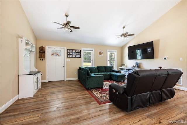 124 Vogel Rd, Cumberland, VA 23040 - living area with ceiling fan, light wood-style floors, baseboards, and high vaulted ceiling