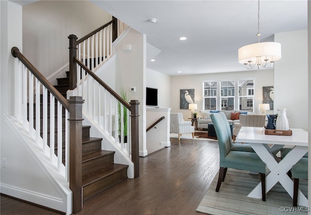 5200 Gower Pl, Glen Allen, VA 23059 - dining space with wood finished floors, a chandelier, stairs, recessed lighting, and baseboards