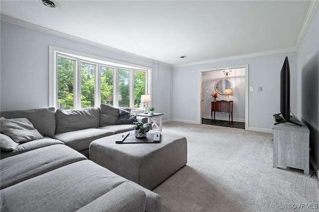7708 Stonetree Dr, North Chesterfield, VA 23235 - living room featuring crown molding, baseboards, and light carpet