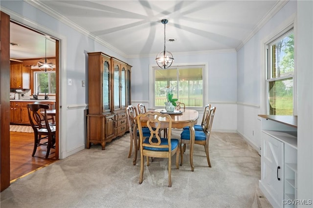7708 Stonetree Dr, North Chesterfield, VA 23235 - dining space featuring light carpet, a chandelier, ornamental molding, and baseboards
