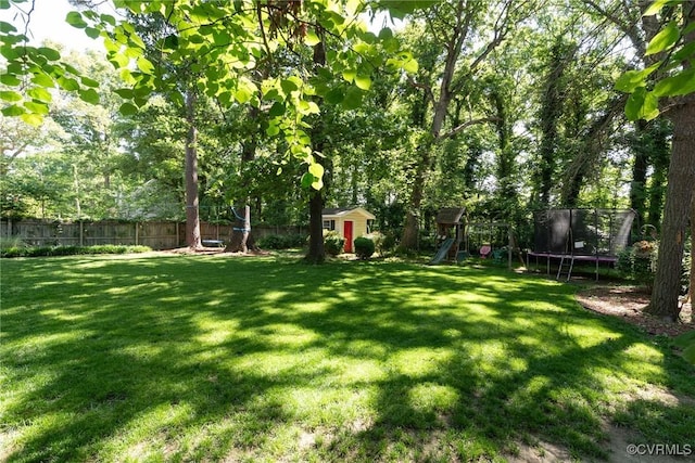 view of yard with a trampoline and a playground