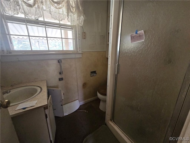 19614 Manson Church Rd, Mc Kenney, VA 23872 - bathroom featuring a shower stall, vanity, toilet, and baseboards