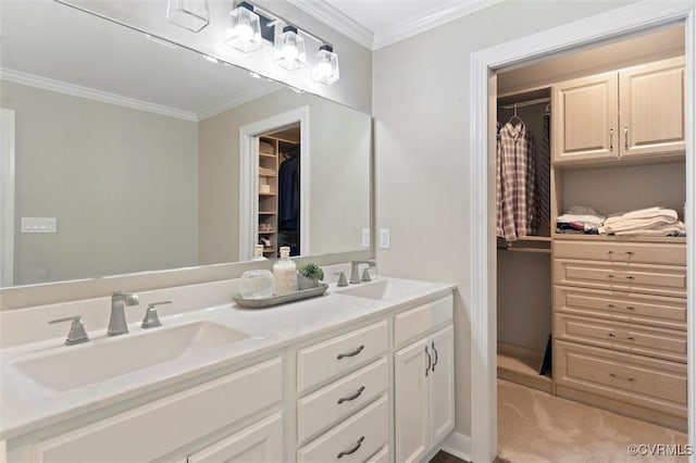full bath with crown molding, a spacious closet, and double vanity