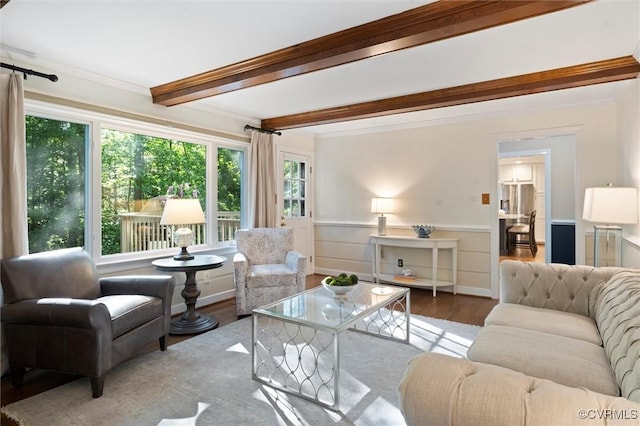 living area featuring wood finished floors, healthy amount of natural light, beam ceiling, a wainscoted wall, and crown molding