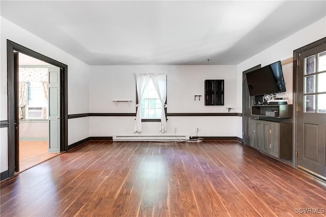 12416 Mount Hermon Rd, Ashland, VA 23005 - unfurnished living room with baseboard heating, dark wood-style floors, baseboards, and cooling unit