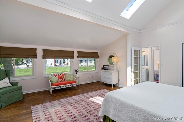 20 Winstead Dr, Irvington, VA 22480 - bedroom with dark wood-style floors, a skylight, baseboards, and high vaulted ceiling