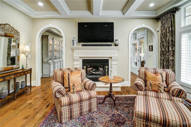 717 Old Stream Rd, Manakin Sabot, VA 23103 - living room featuring hardwood / wood-style flooring, beam ceiling, plenty of natural light, baseboards, and coffered ceiling