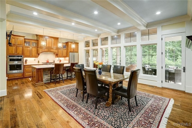 717 Old Stream Rd, Manakin Sabot, VA 23103 - dining space with beamed ceiling, light wood-type flooring, crown molding, and recessed lighting