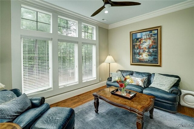 717 Old Stream Rd, Manakin Sabot, VA 23103 - living room featuring wood finished floors, ornamental molding, a ceiling fan, baseboards, and recessed lighting