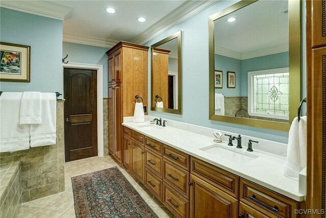 717 Old Stream Rd, Manakin Sabot, VA 23103 - bathroom with crown molding, double vanity, recessed lighting, and tiled tub