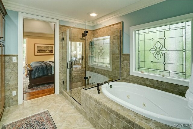 717 Old Stream Rd, Manakin Sabot, VA 23103 - full bathroom featuring a whirlpool tub, a stall shower, connected bathroom, ornamental molding, and tile patterned floors